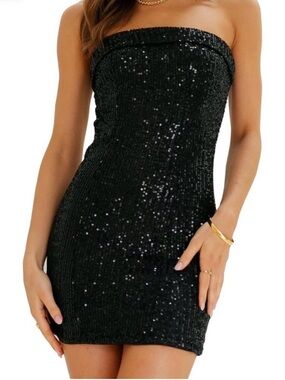 Strapless Black Sequin Bodycon Mini Dress